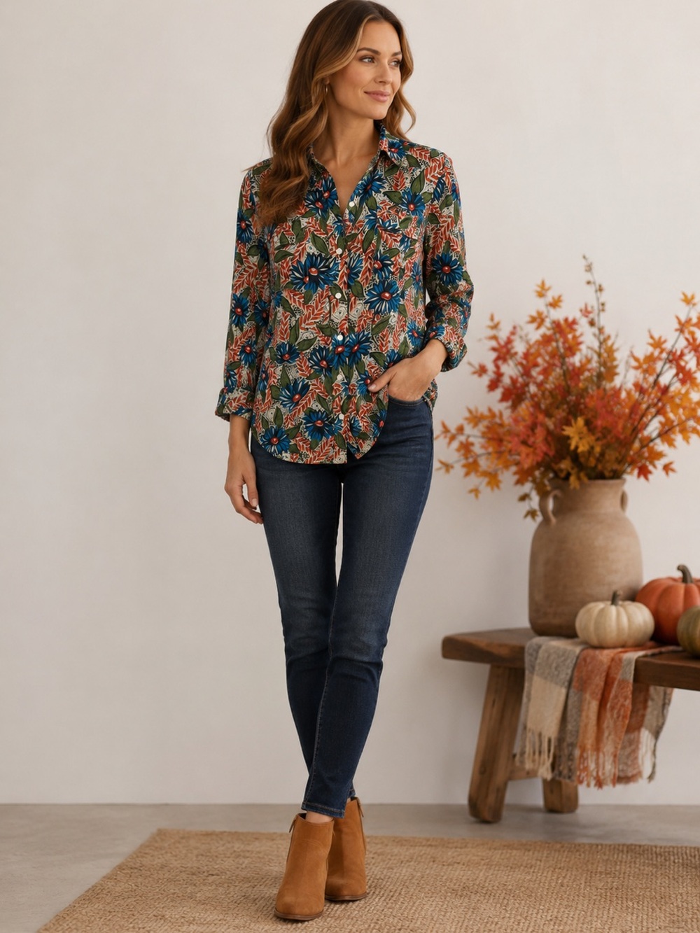 Lucky Brand Floral Button-Down Shirt - Blue/Green/Red M